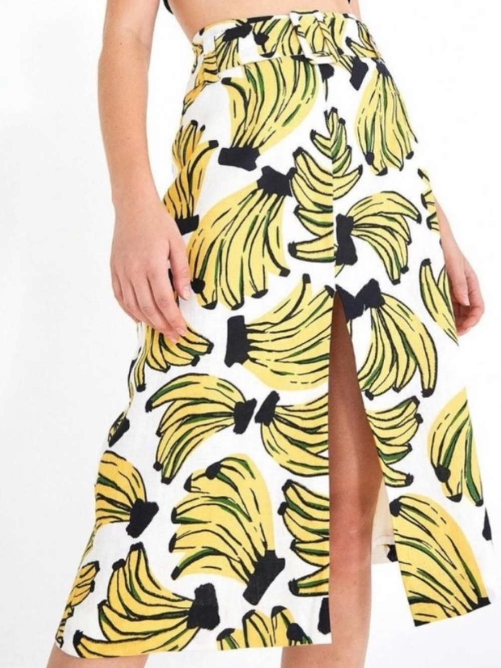 FARM Rio White Midi Skirt with Yellow Banana Print and Front Slit- small